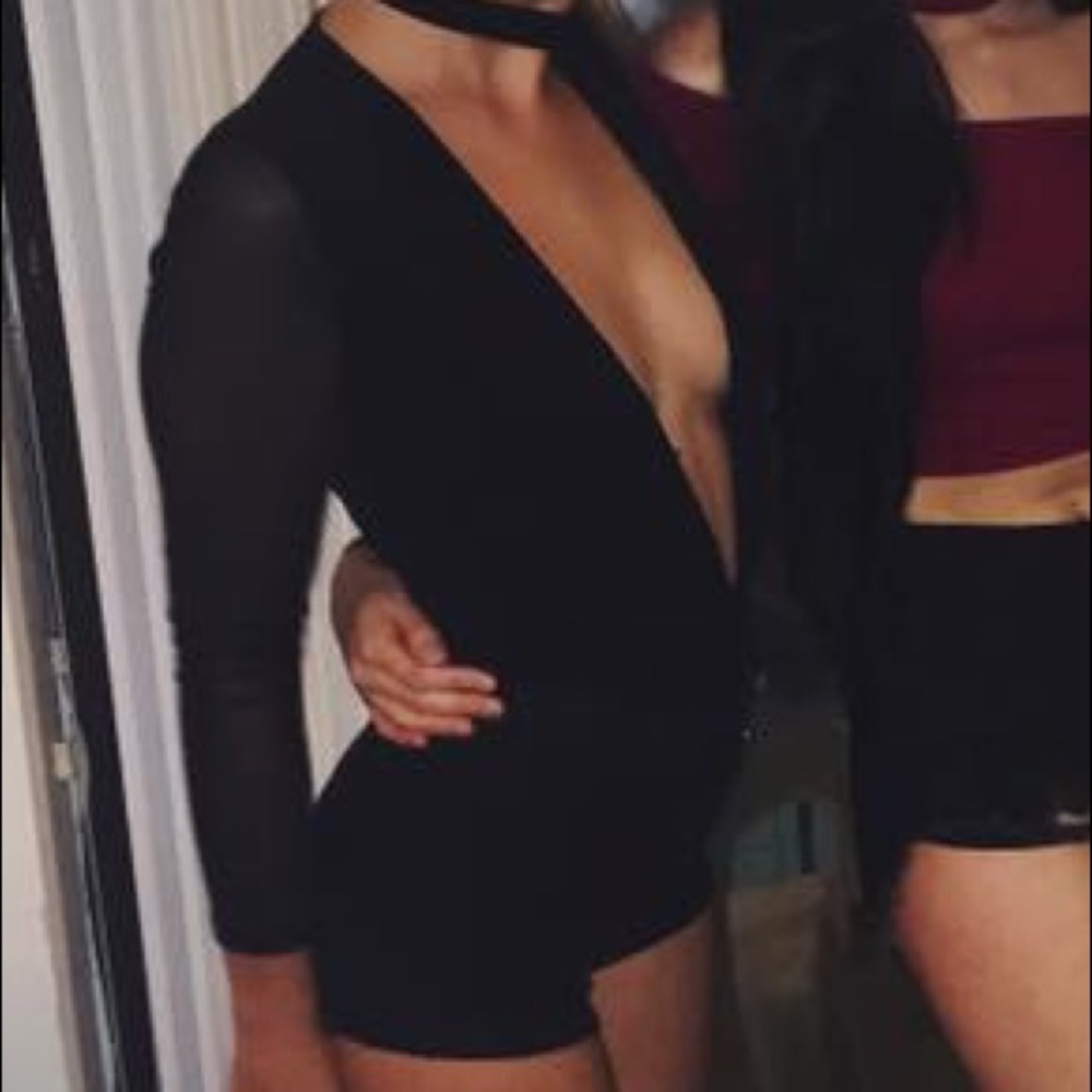 Forever 21 Black Mesh Deep V Bodysuit